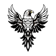 Black and white vector image of an eagle facing forward with its head slightly turned to the side, featuring detailed feathers. Suitable for tattoos, logos, or wild animal-themed designs.
