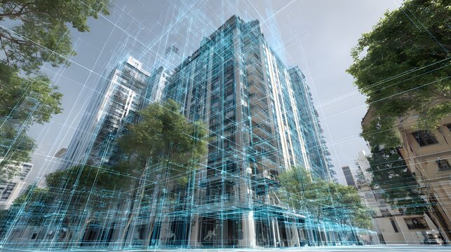 Digital twin or BIM model of a modern building with a futuristic holographic wireframe overlay
