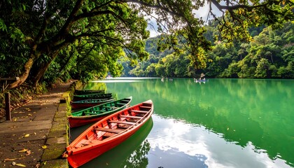 Picturesque lake scene with colorful boats under trees
