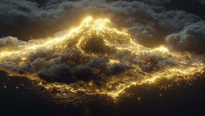 Golden mountain peak emerging from dark clouds