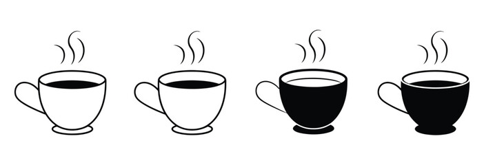 Vector art of four coffee cups transitioning from outline to solid black with steam