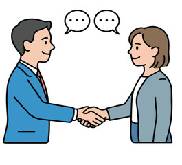Professional business man and woman engaged in conversation and handshake symbolizing partnership collaboration and teamw