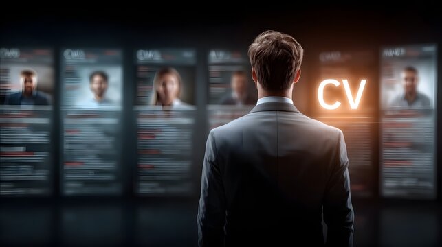 A professional businessman standing confidently in a corporate office setting facing a wall of computer screens displaying his curriculum vitae CV and job application details