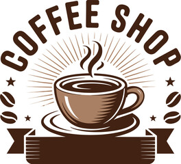 Obraz premium A coffee shop logo featuring a steaming cup of coffee, beans, stars, and a ribbon banner design