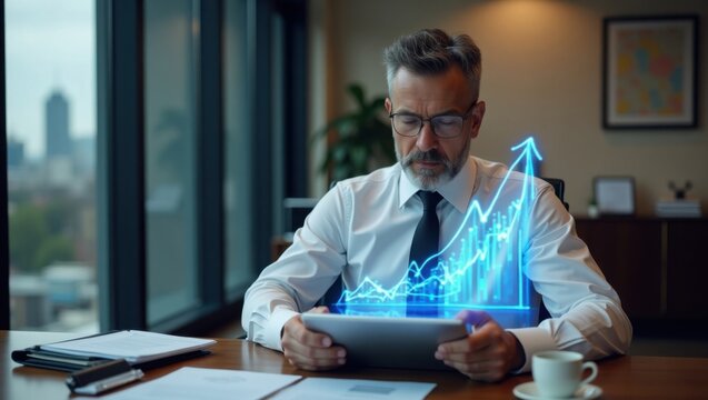 Empresario con tableta mostrando el pronóstico del precio de bienes raíces. Gráfico azul brillante, oficina moderna, estrategia de inversión, predicción del mercado