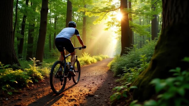 Vista trasera de un ciclista que circula por un denso sendero forestal