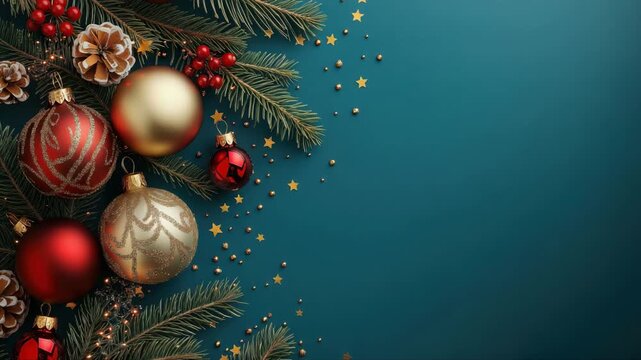 Top view of Christmas decorations with fir branches, baubles, pinecones, berries, and golden stars on green background. Elegant winter holiday design.