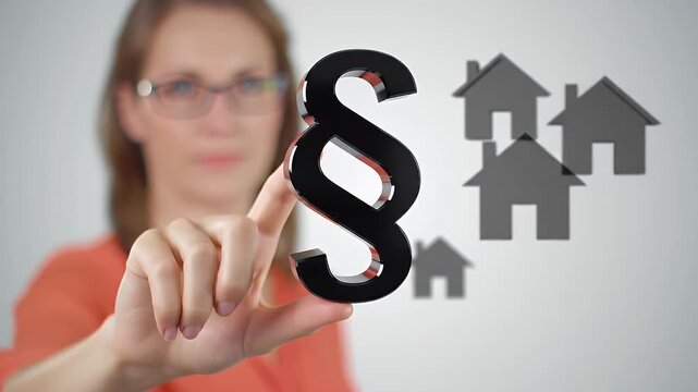 Woman Points at Paragraph Symbol with House Icons in Background for Real Estate Law and Legal Protection Concepts on a Neutral Background