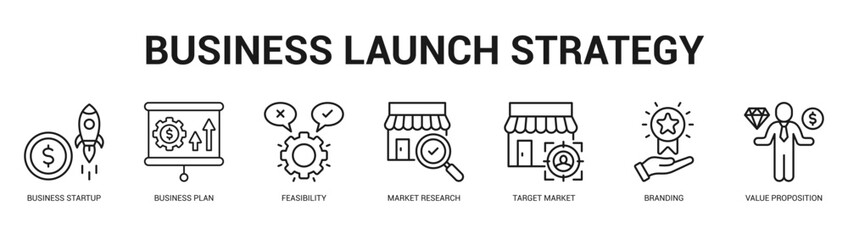 Business Launch Strategy Modern and clean web banner illustration featuring thematic icons for visual communication