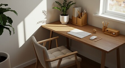 Minimalist Home Office Desk Setup with Natural Light and Plants