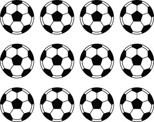 Collection of twelve black and white soccer balls arranged in three rows