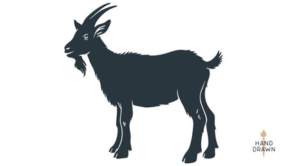 Goat. Vintage retro print, black white goat drawing, sketch ink pencil draw, engrave old school style. Sketch artwork silhouette goat with horns. Side view profile goat. Vector Illustration