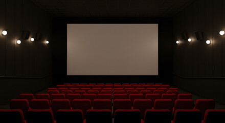 Fototapeta premium Cinema with blank screen. Mock up, Ad concept, 3D Rendering