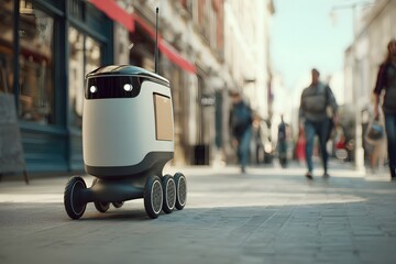 Autonomous delivery robot navigating a city sidewalk for last-mile delivery service
