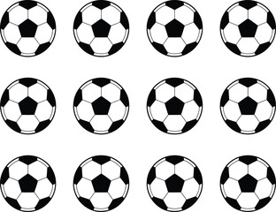 Collection of twelve black and white soccer balls arranged in three rows