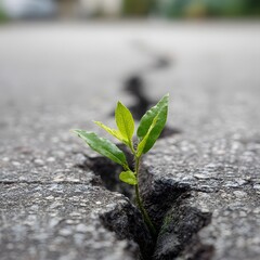 Green sprout growing through a crack in the pavement, a concept of resilience, hope, and strength
