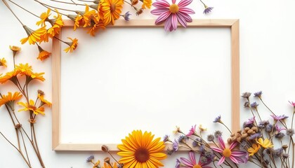 Blank frame mockup with dried star flowers on white Minimal aesthetic brand template Flat lay, branding, vintage