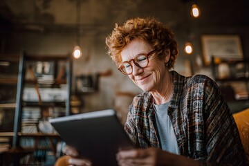 Happy senior woman with red hair using a digital tablet in a cozy cafe or library