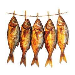 Row of hanging dry fish on transparent Background