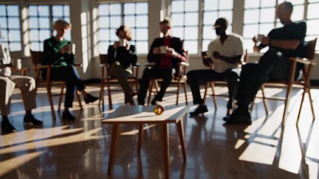 Multiethnic men and women are sitting in chairs, drinking from mugs and talking during a group therapy session, while a glass polyhedral dice rolls on a low table at the center of the circle