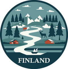 Naklejka premium Scenic Finland vector with river, cabins, deer, pine forest and mountains in flat circular design