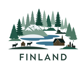 Obraz premium Vector of Finland with reindeer, forest, lakes, cabins and snowy mountains in a flat winter landscape