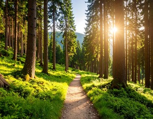 Fototapeta premium Sunlit path through a lush forest