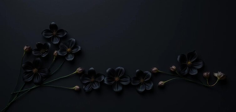 Elegant black flowers arranged on a dark background; minimalist aesthetic ,  mourning,  grief