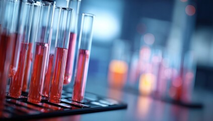 Rows of test tubes filled with red liquid stand in a laboratory setting suggesting scientific research and experimentation with a cool, clean