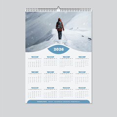 Winter Calendar Planner 2026 Layout. 2026 One page wall calendar design template, modern 12 months one page calendar 