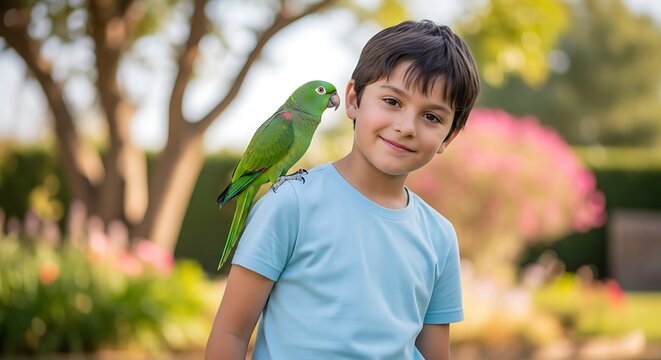 A boy smiles with a green parrot perched on his shoulder in a garden with trees and flowers behind him