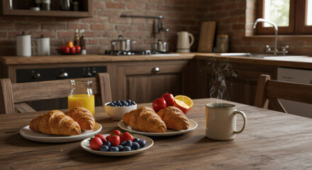 Cozy Kitchen Breakfast Scene Croissants, Fruit, and Orange Juice