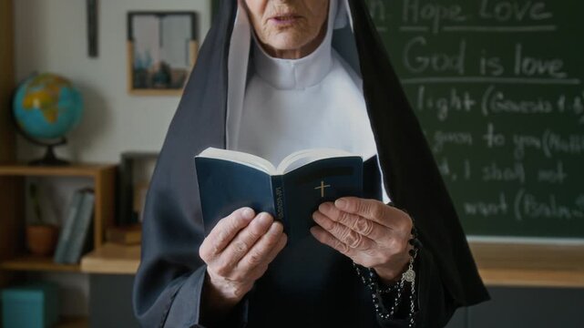 Cropped shot of focused senior Caucasian nun in veil reading Bible out loud leading Bible class in modern Christian school