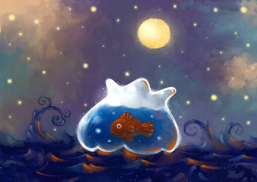 Goldfish Floating in a Fishbowl at Sea under the Moonlight