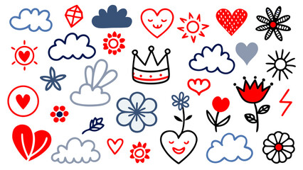 Childish Hand Drawn Vector Doodle Collection - Kid's Style Doodle Flowers Crowns Hearts Weather Icons