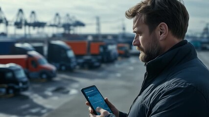 A logistics manager uses a smartphone to track fleet vehicles via GPS, ensuring efficient operations amidst a bustling yard.
