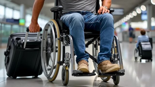 Traveling in a wheelchair at the airport during busy hours with luggage in motion and assistance nearby