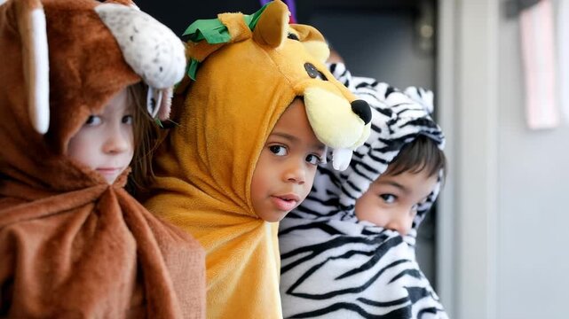 Creative kids enjoy fun animal costumes at a playful gathering in a classroom during an exciting group activity