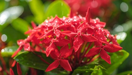 Ixora coccinea flower with water droplets, a vibrant red bloom closeup