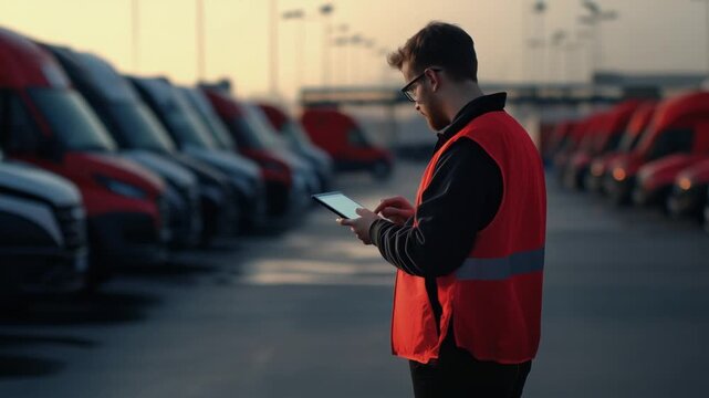 A logistics manager uses tablet tracking technology to optimize fleet routes among parked trucks.