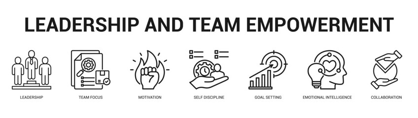 Leadership and Team Empowerment Modern and clean web banner illustration featuring thematic icons for visual communication