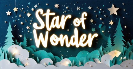 Naklejka premium Papercraft scene depicts winter landscape. Bright stars illuminate snowy trees, text reads Star of Wonder. Festive, cozy mood.