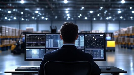 A logistics manager monitors live warehouse data on multiple screens as workers organize stock and operate forklifts. - Powered by Adobe