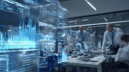A team of business professionals analyzing complex data on a futuristic holographic interface
