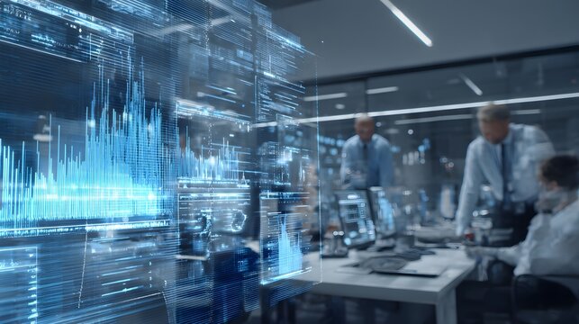 A team of business professionals analyzing complex data on a futuristic holographic interface
