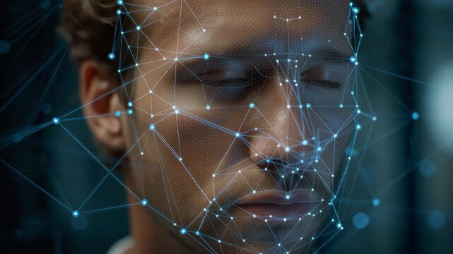 Close-up of a man's face being scanned with a digital facial recognition system, overlaid with glowing data points and connecting lines in a high-tech environment.