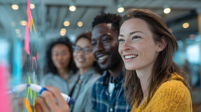A happy and diverse business team celebrating a successful brainstorming session in a creative office.