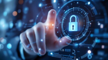 A hand touching a digital interface with a padlock icon representing cybersecurity and data protection