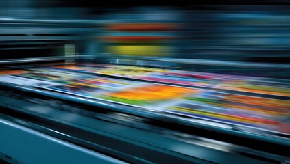 Sheets of vibrant colors blur across a high-speed industrial printing press conveying motion and the energy of mass production.