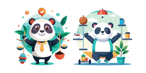 Adorable Friendly Panda Balancing Work and Wellness – Cute Vector Illustration for Office Life, Mental Health, Productivity, and Relaxation Themes in Modern Lifestyle